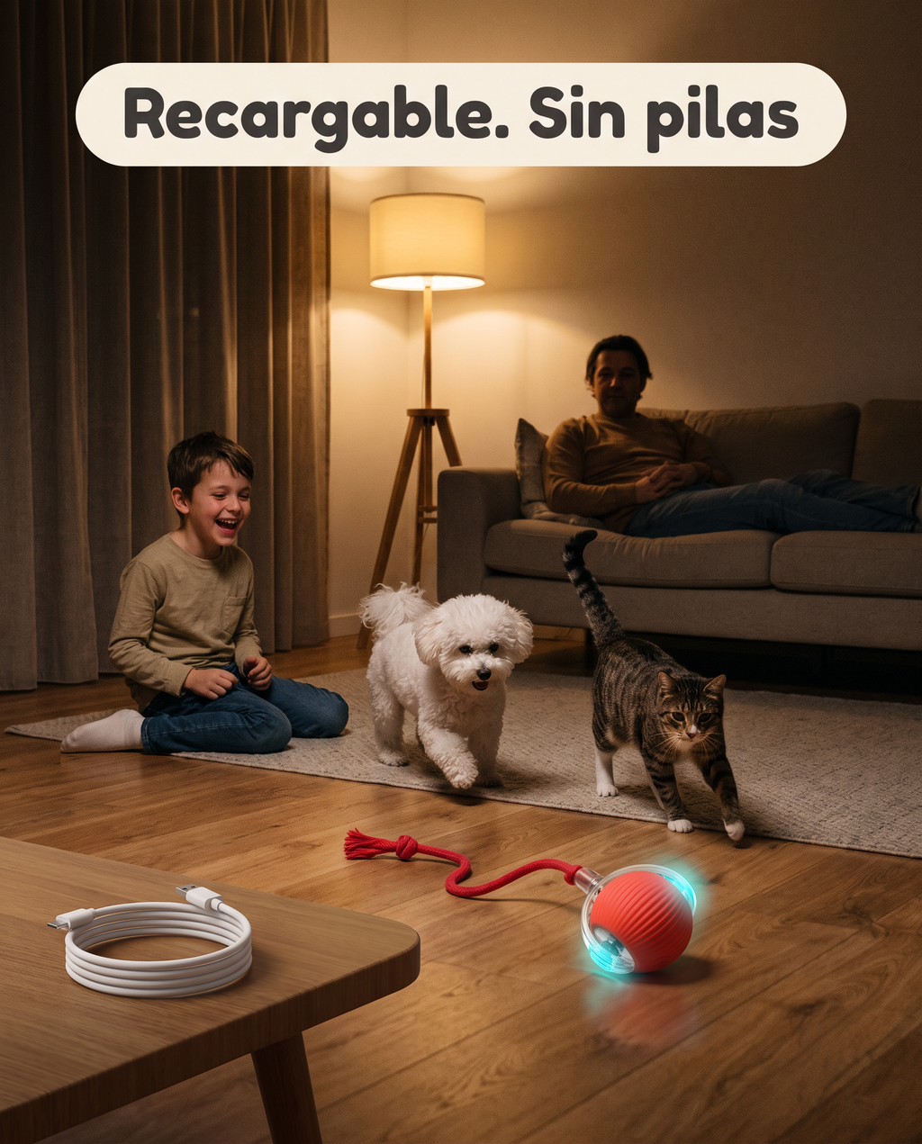 Pelota Naala roja rodando de noche junto a un cable de carga