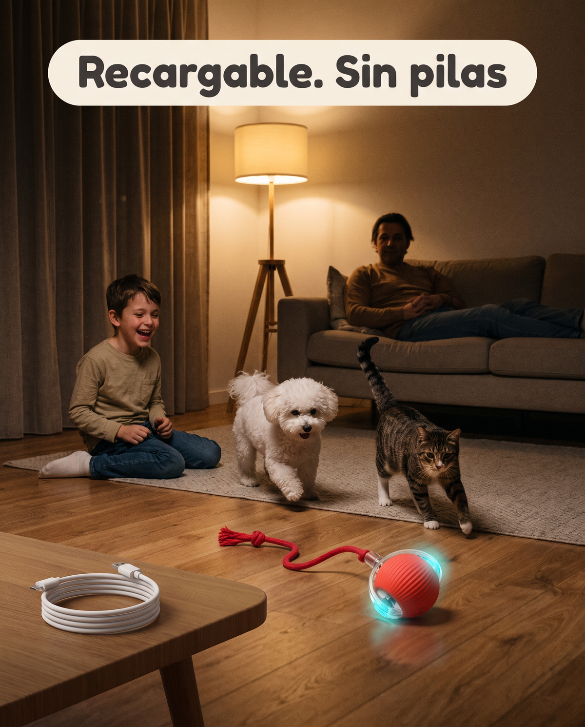 Pelota Naala roja rodando de noche junto a un cable de carga