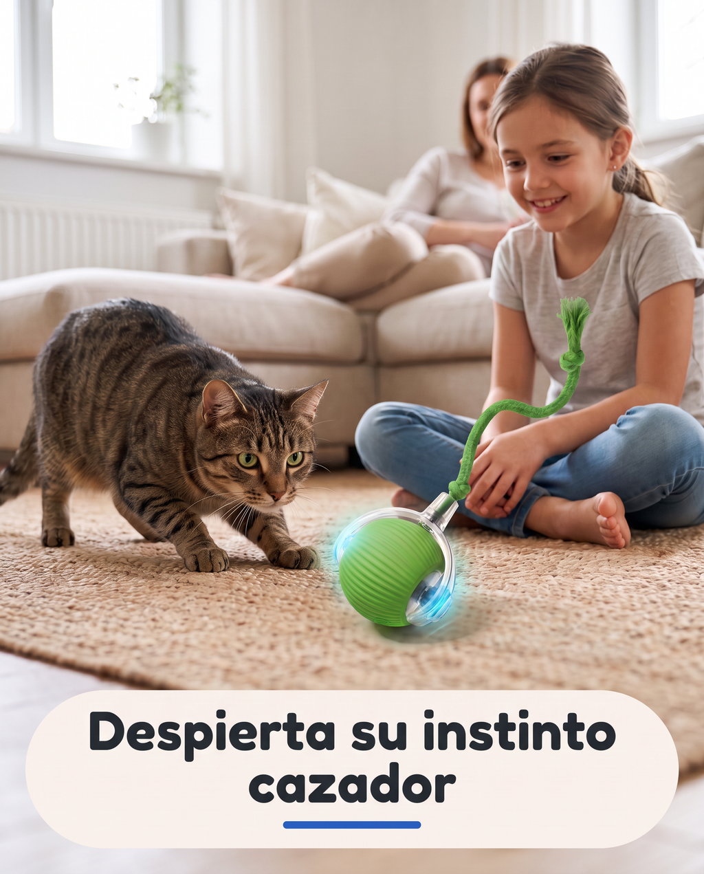 Un gato observa la pelota Naala verde mientras una niña sonríe
